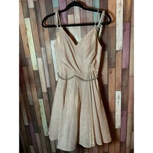 Dancing Queen Gold Metallic Sparkling Dress Rhinestone Straps Size Medium